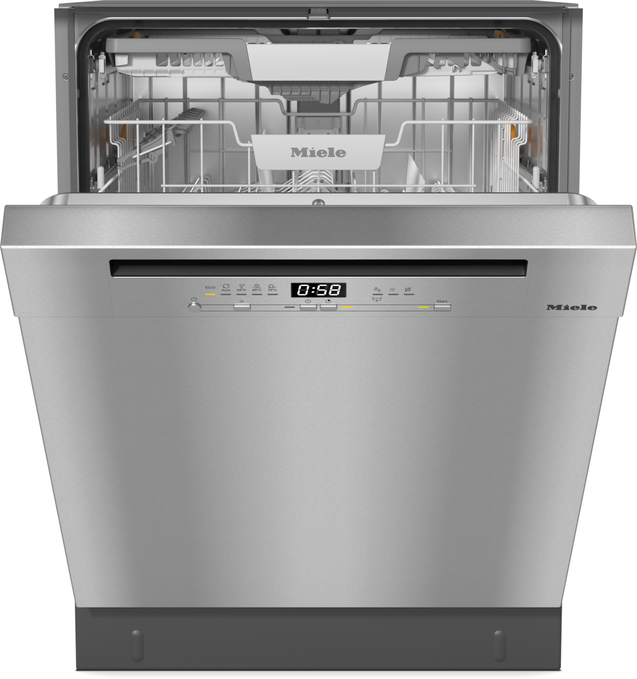 Edelstahl Miele Geschirrspüler mit offener Tür, Bedienelementen und Display.