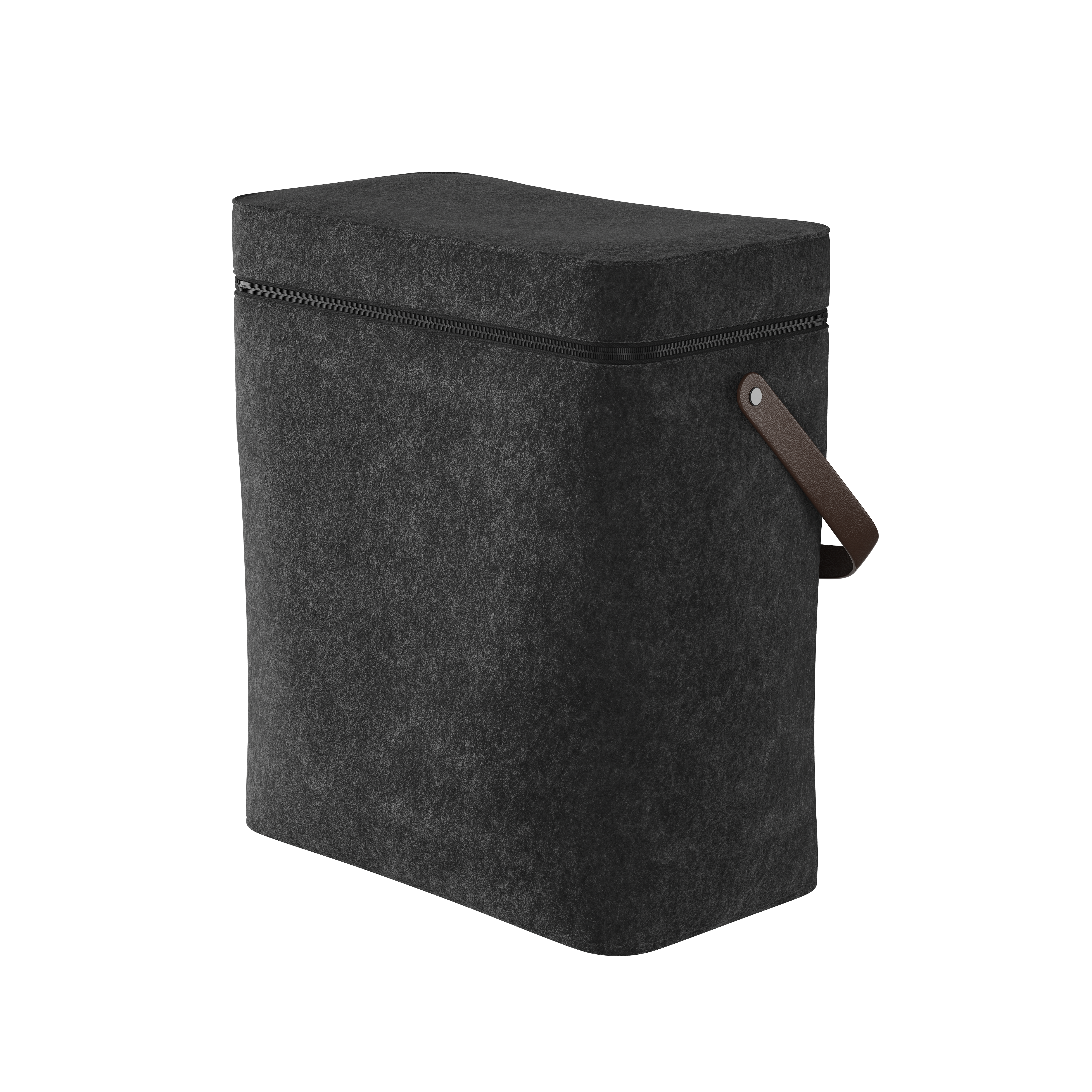 Eine dunkelgraue rechteckige Aufbewahrungsbox mit Reißverschluss oben und einem braunen Ledergriff. Es befindet sich auf weißem Hintergrund.