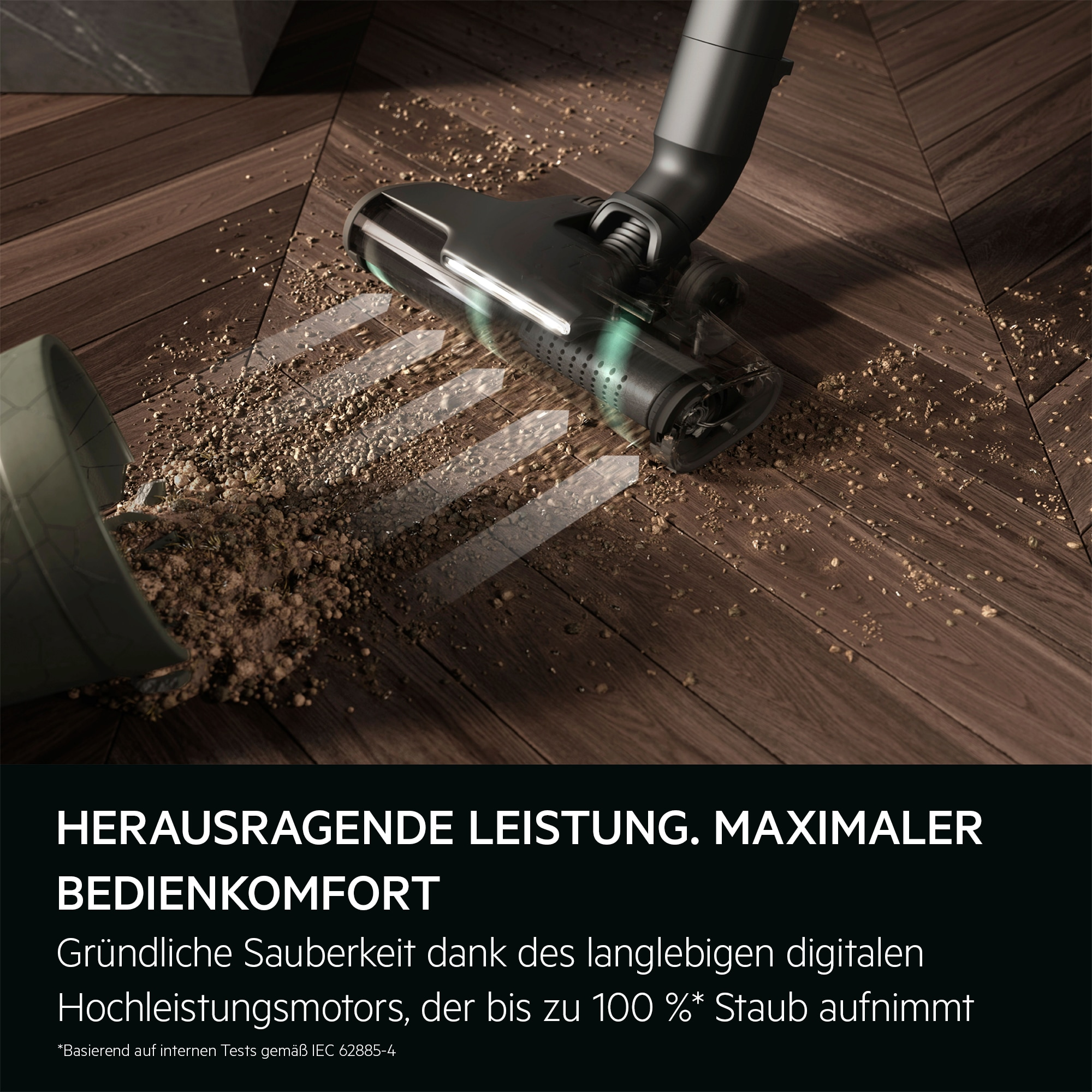 Staubsauger auf Holzboden, Schmutz herum. Ein umgestürzter Topf mit Erde und Text unten