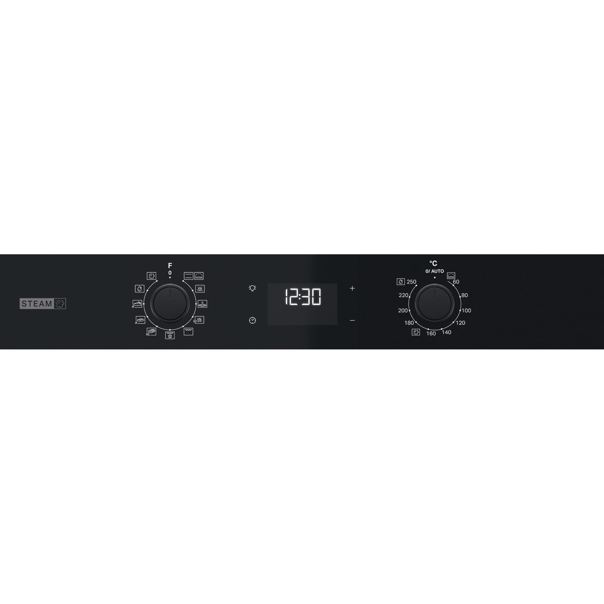 Schwarzes Backofen-Bedienfeld, Digitalanzeige 12:30, Temperaturregler, Symbole.