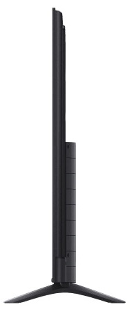 Widok z boku czarnego telewizora, z cienką ramką i podstawą.