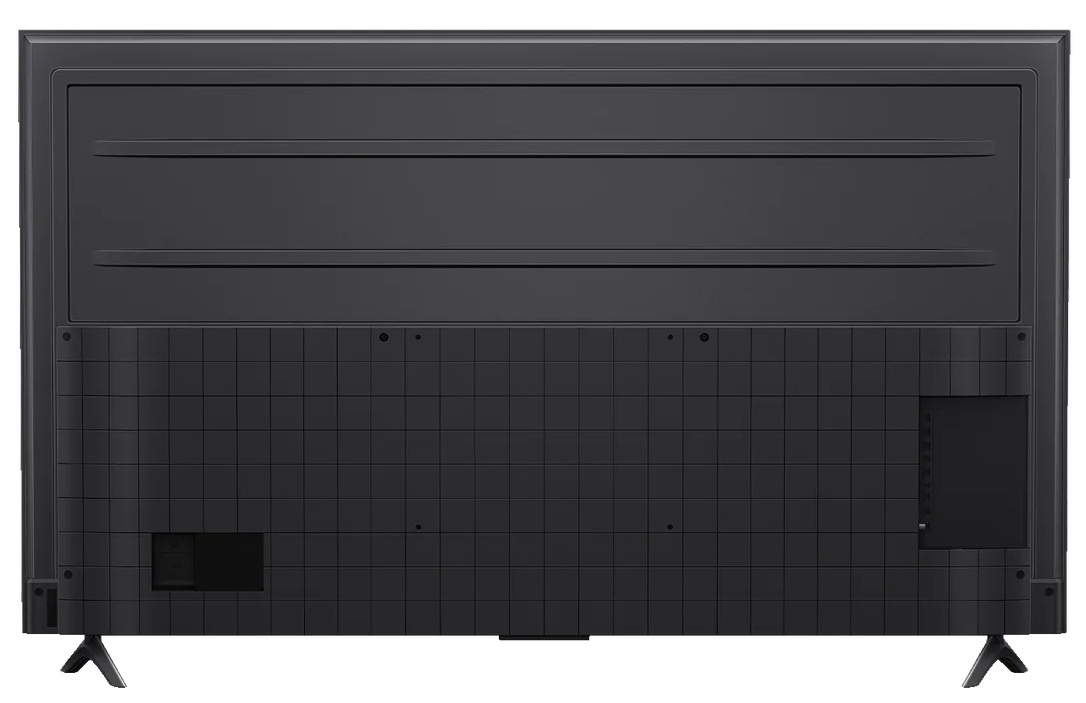Widok z tyłu czarnego telewizora. Tył ma wzór przypominający kratkę i dostęp do portów.