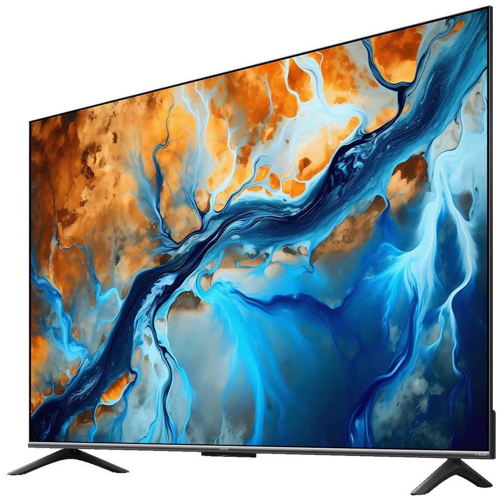 Duży telewizor Hisense z abstrakcyjną grafiką. Telewizor jest pod kątem, z czarną ramą i podstawą.