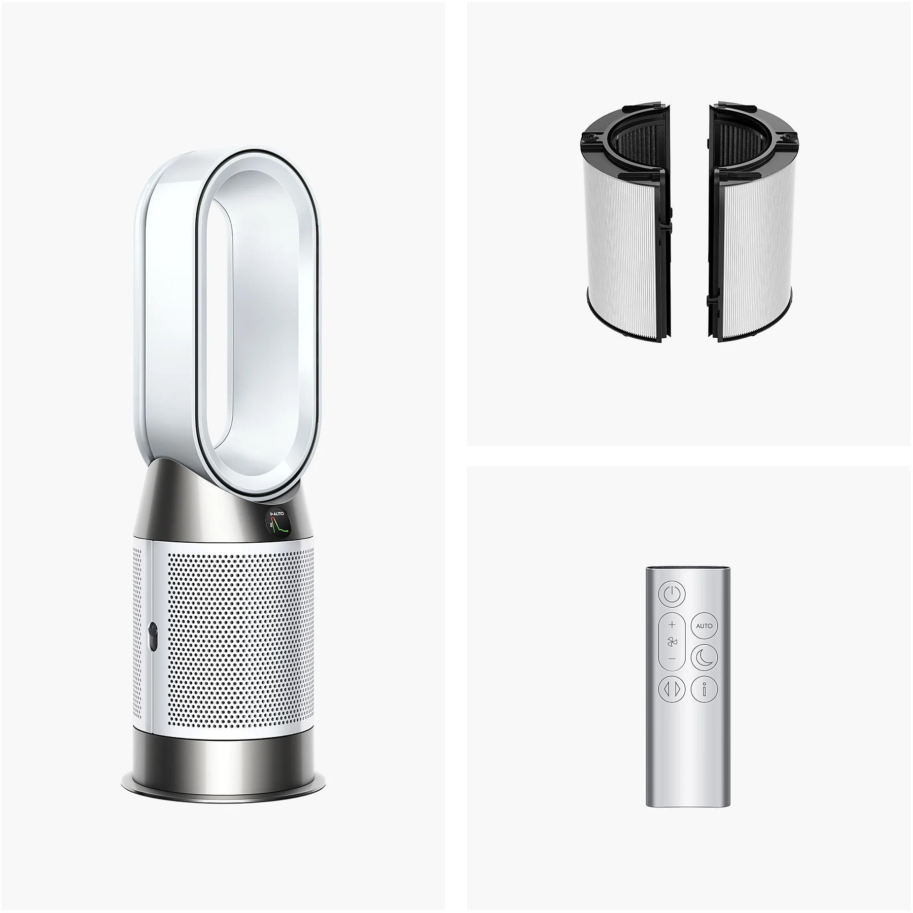 Biały i srebrny oczyszczacz powietrza Dyson z filtrami i pilotem.