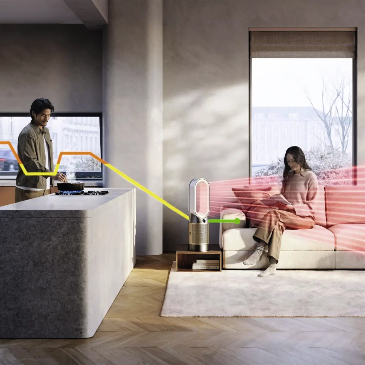 Mężczyzna gotuje, kobieta czyta i wentylator w nowoczesnym pokoju.