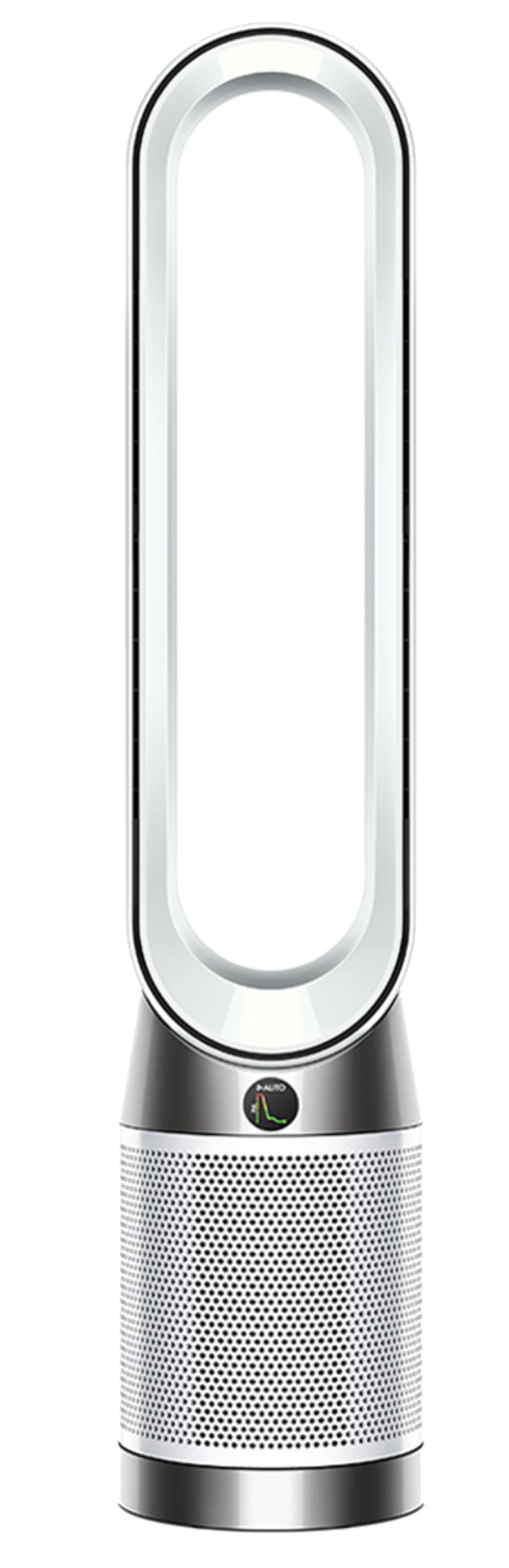 Srebrno-biały oczyszczacz powietrza Dyson, wysoki, na czarnym tle.