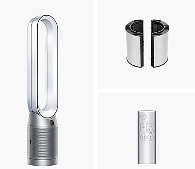 Biały i srebrny oczyszczacz powietrza, filtr i pilot na białym tle.