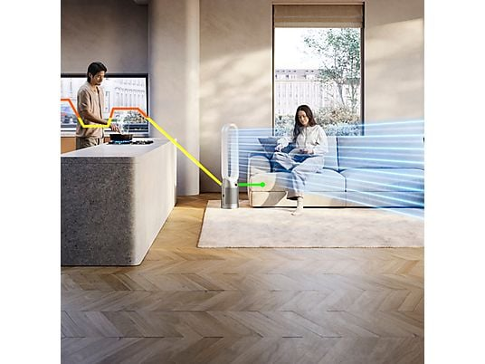 Para w nowoczesnej kuchni, jedno gotuje, drugie na kanapie z wentylatorem.