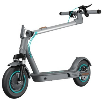 Szara hulajnoga z turkusowymi akcentami na białym tle.