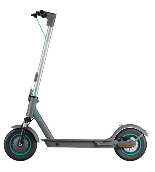 Szara hulajnoga elektryczna z turkusowymi akcentami, widok z boku.