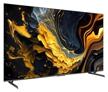 Duży ekran telewizora wyświetlający abstrakcyjne dzieło sztuki w kolorze złota i czerni. Telewizor stoi na nogach.