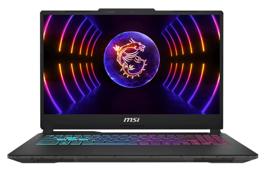 Laptop z grafiką smoka na ekranie. Czarna ramka, kolorowa klawiatura. Ciemne tło.