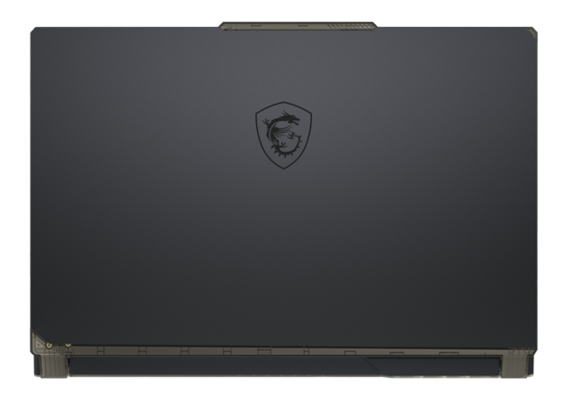Czarny laptop, widok z góry, z logo pośrodku.