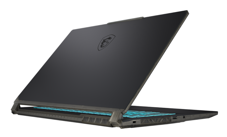 Czarny laptop, otwarty pod kątem, pokazujący klawiaturę i logo. Klawisze świecą na niebiesko. Czarne tło.
