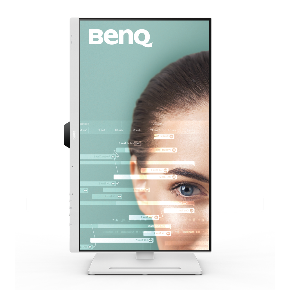 Beyaz arka planda bir kadının gözünü ve verileri gösteren bir BenQ monitörü.