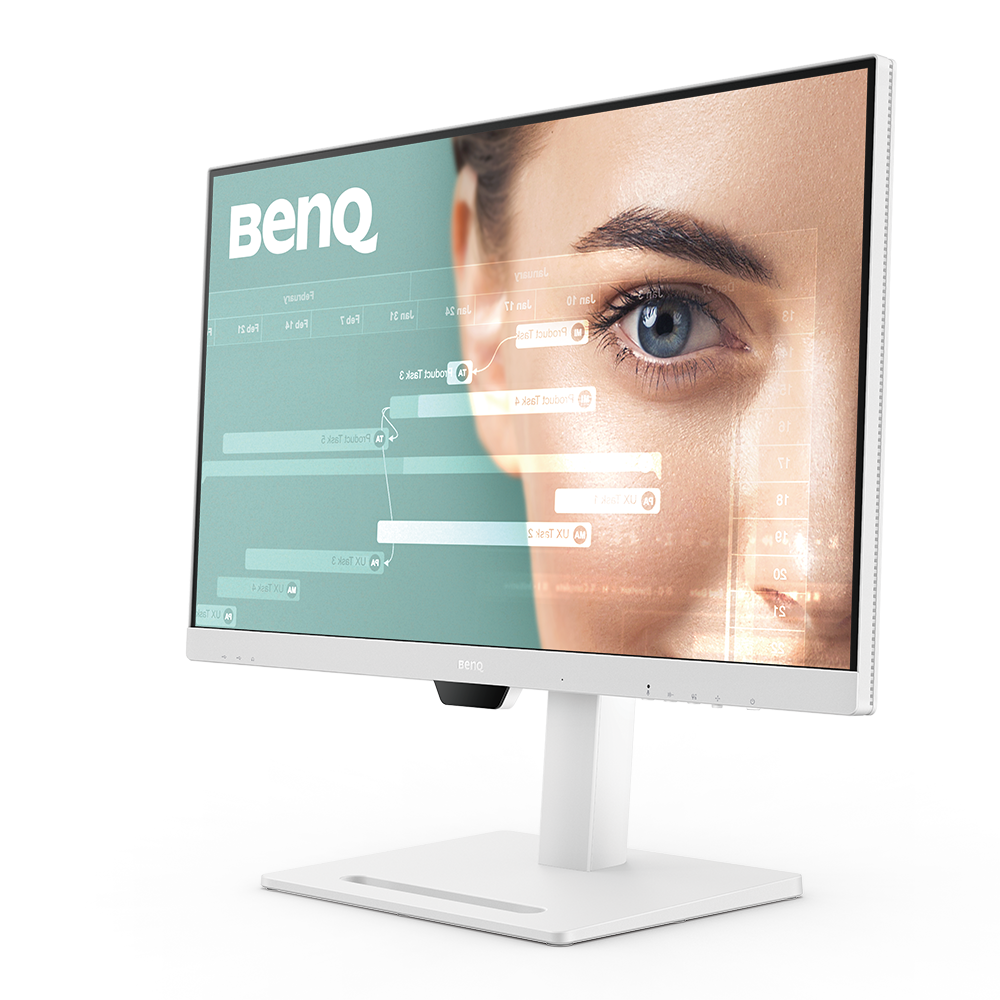 Bir kadının gözünü ve verilerini gösteren beyaz monitör.