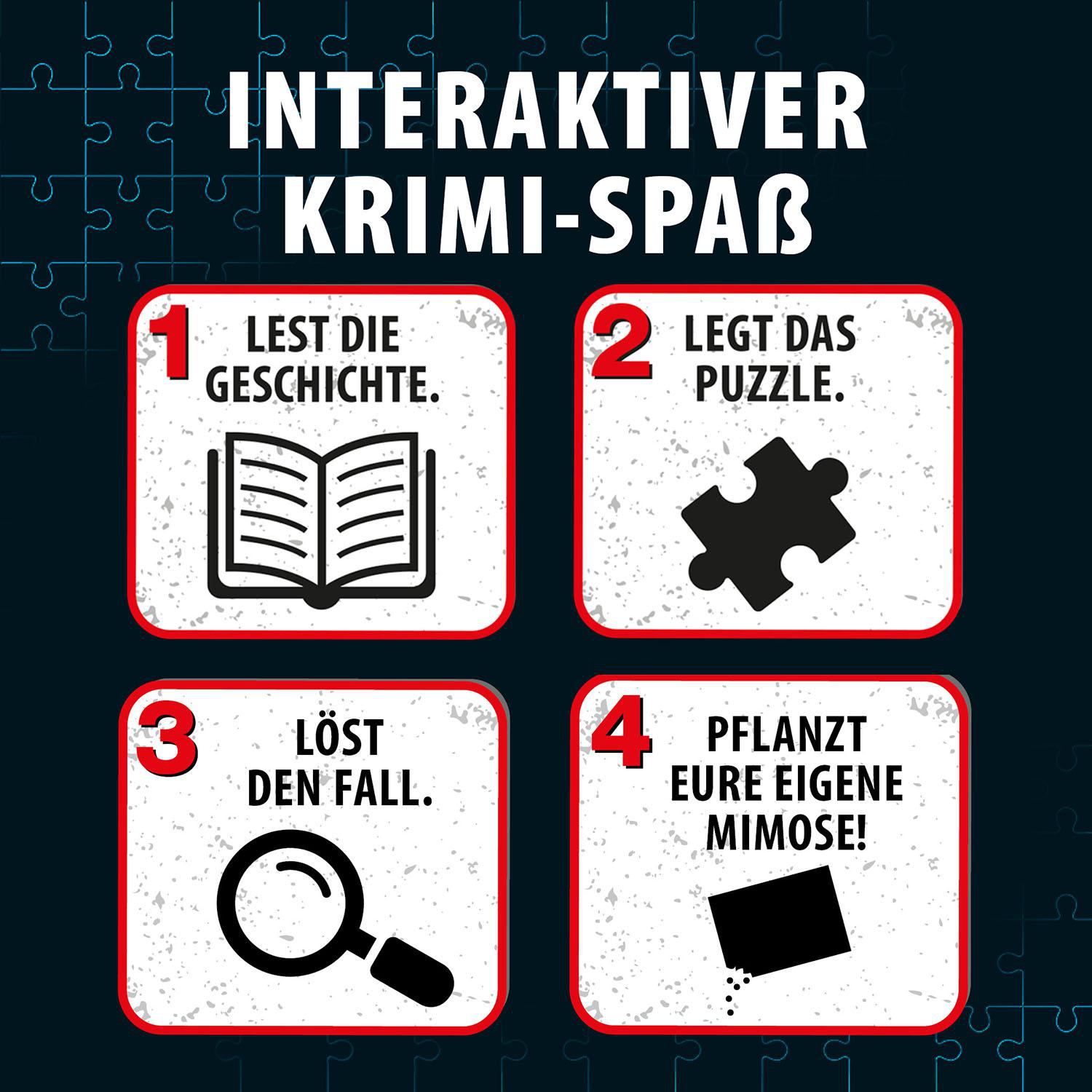 Weißer Hintergrund mit grünem Design und vier Schritten zum Lösen eines Puzzles.