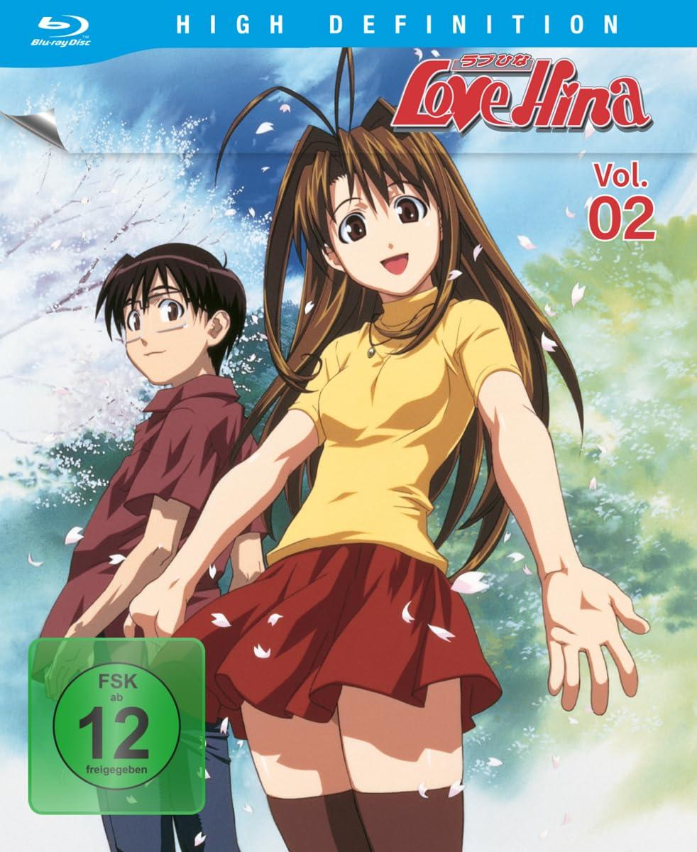 Anime-DVD-Cover mit zwei Charakteren, einem Jungen und einem Mädchen, und dem Titel 'Love Hina'.