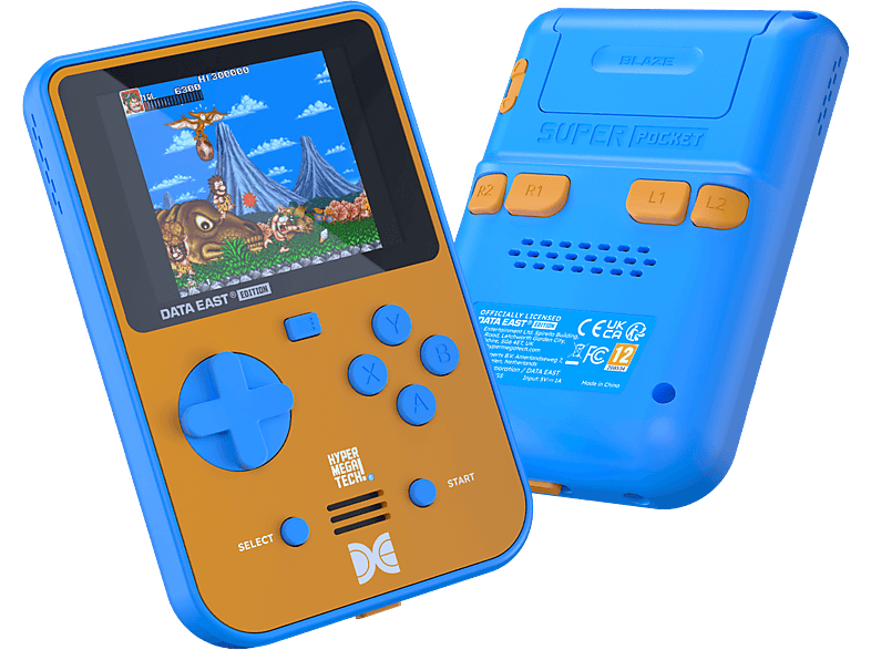 Consola retro portátil - Koch Media HyperMegaTech! Super Pocket Data East Edition, Pantalla 2.8” IPS, 320 x 240 píxeles, 4h autonomía,Naranja y azul
