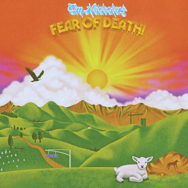 Albumcover mit Landschaft, Sonne, Bergen, Vogel und weißem Lamm. Text in Orange.
