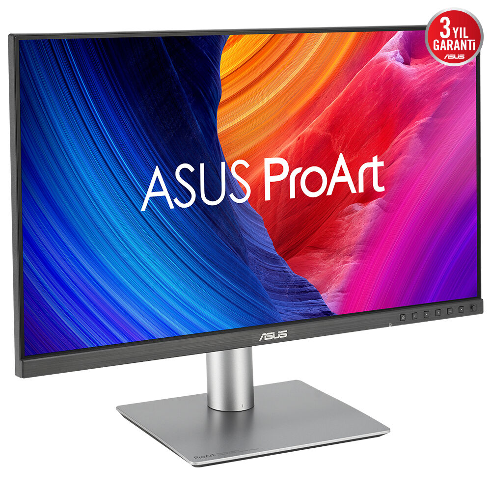 Renkli bir ekranı ve gümüş bir standı olan bir bilgisayar monitörü.