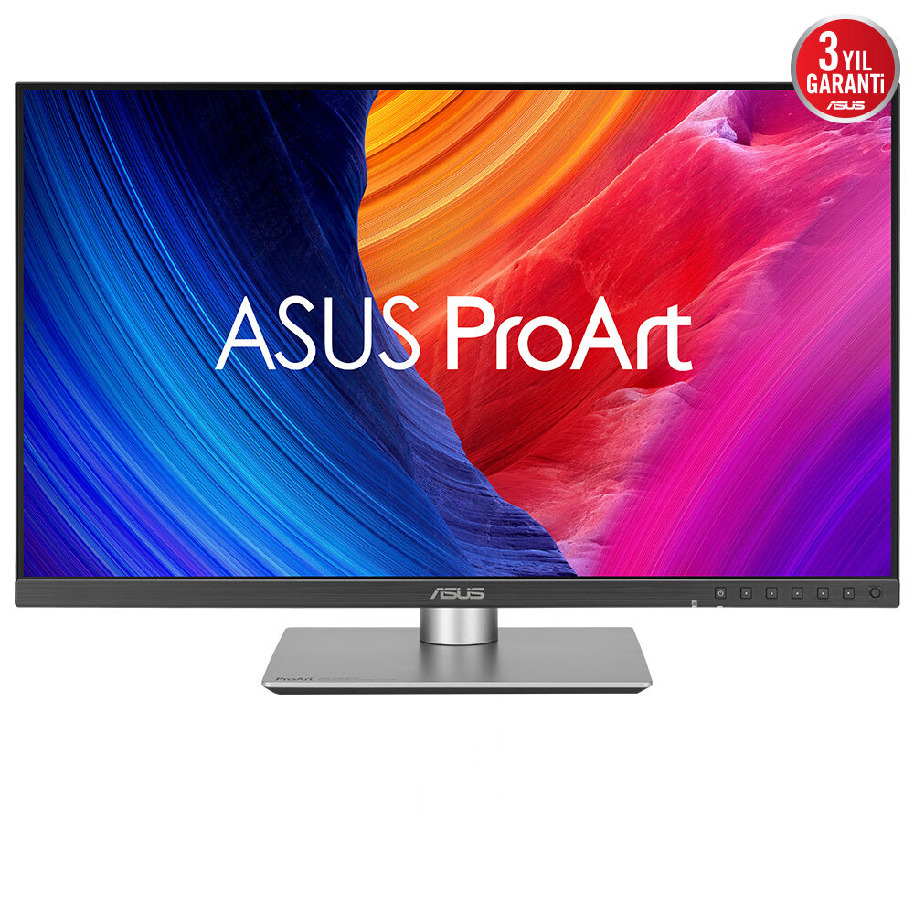 Renkli bir arka plana ve ASUS ProArt markasına sahip bir bilgisayar monitörü.