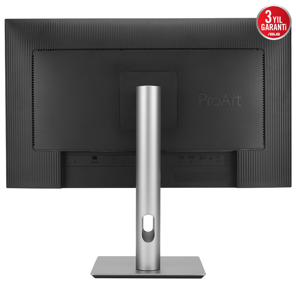 Gümüş bir stand ile siyah bir ASUS ProArt monitörünün arkası.