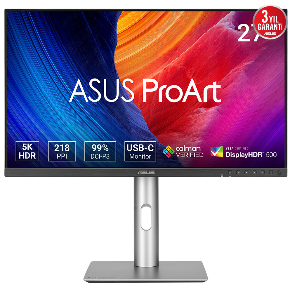 5K HDR, USB-C ve gümüş standlı ASUS ProArt monitör. Metinli renkli ekran.