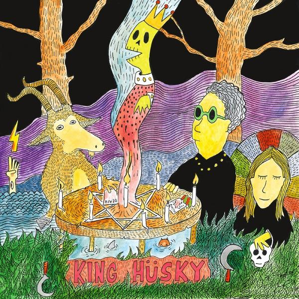 Eine bunte Illustration mit einer Figur mit Krone, einer Ziege und zwei Personen.