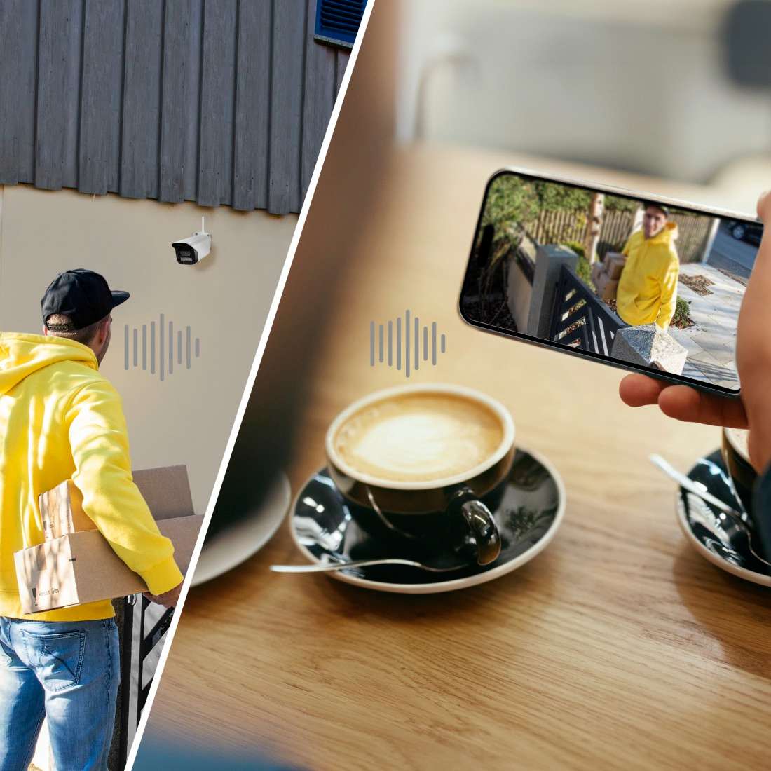 Egy sárga inget viselő férfi balra, videohívás egy telefonon jobbra és egy kávé.