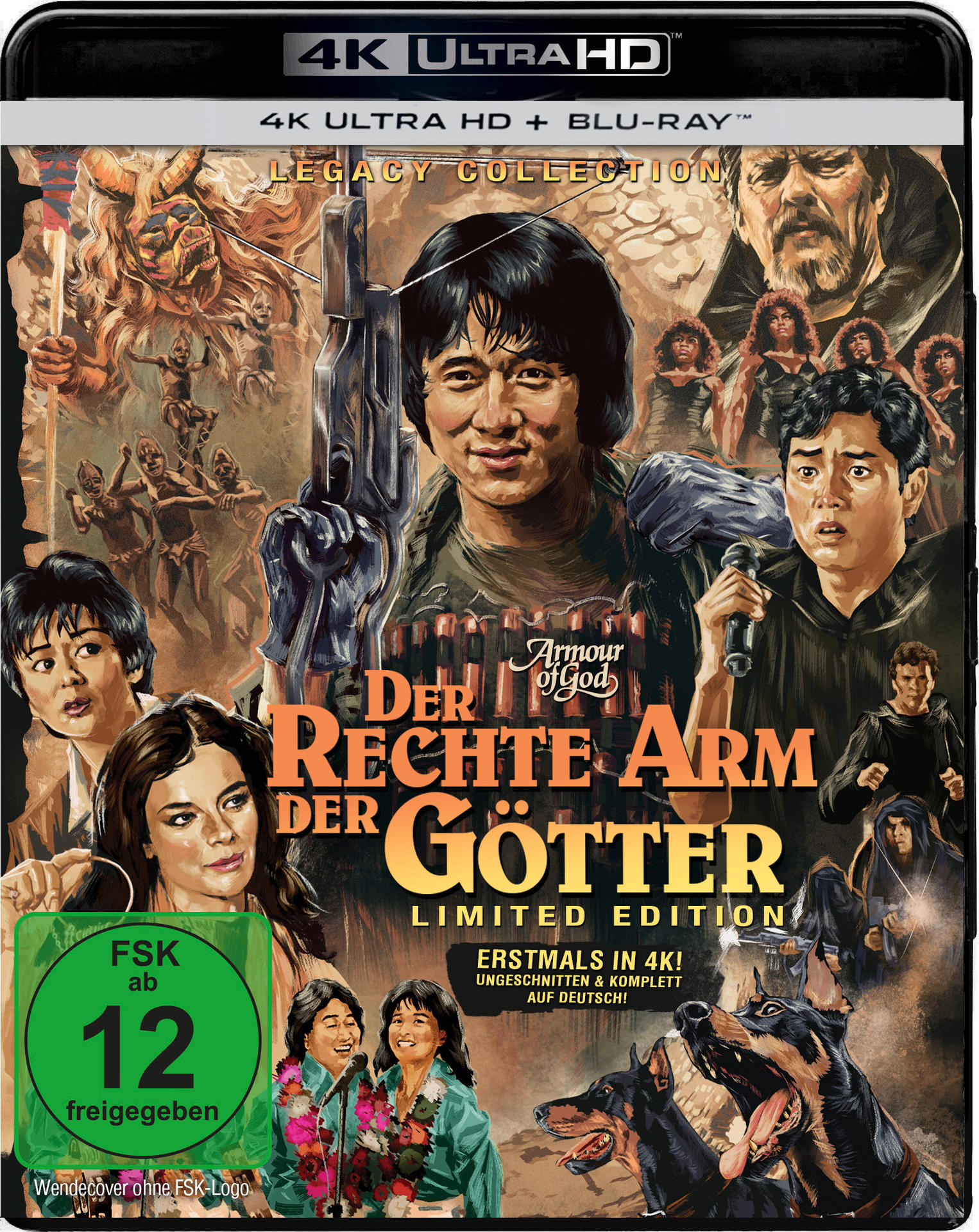 Filmcover mit Jackie Chan, der eine Waffe hält. Titel: Der Rechte Arm der Götter. Enthält viele Charaktere und einen grünen FSK 12 Aufkleber.