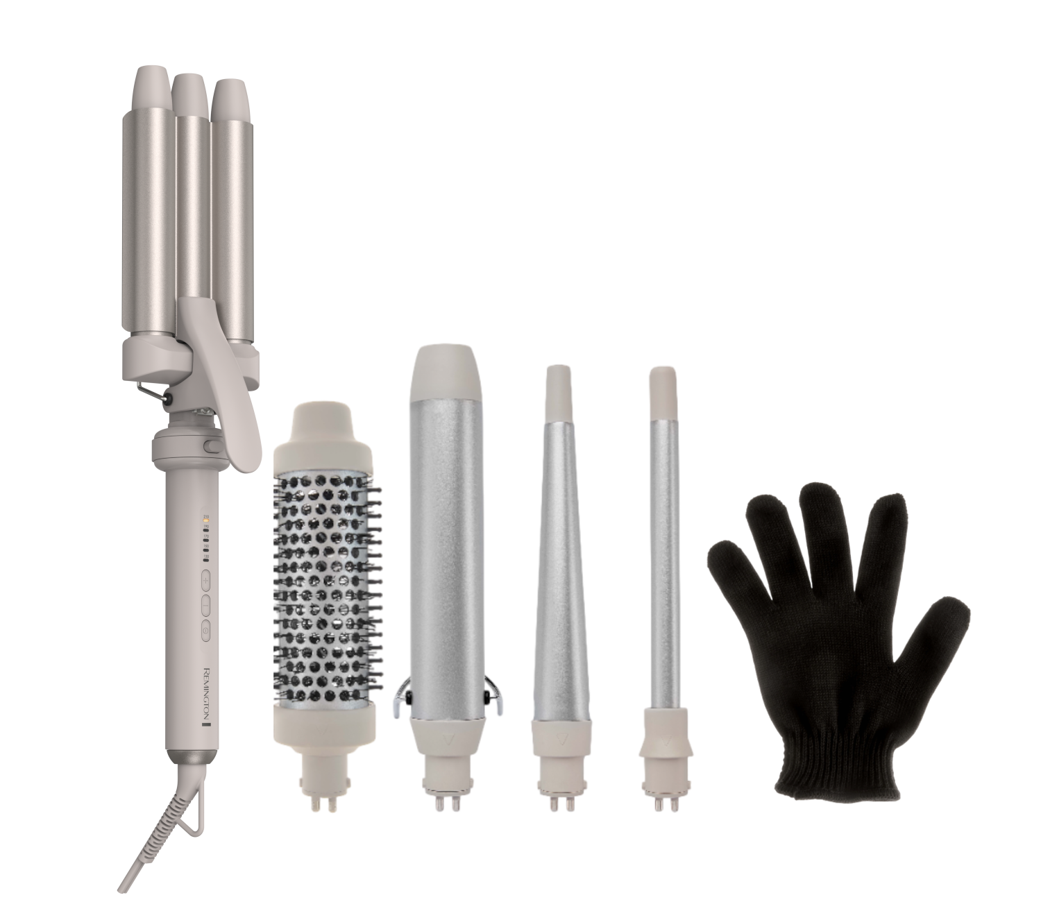 Ein Set von Haarstyling-Tools und ein schwarzer Handschuh auf schwarzem Hintergrund.