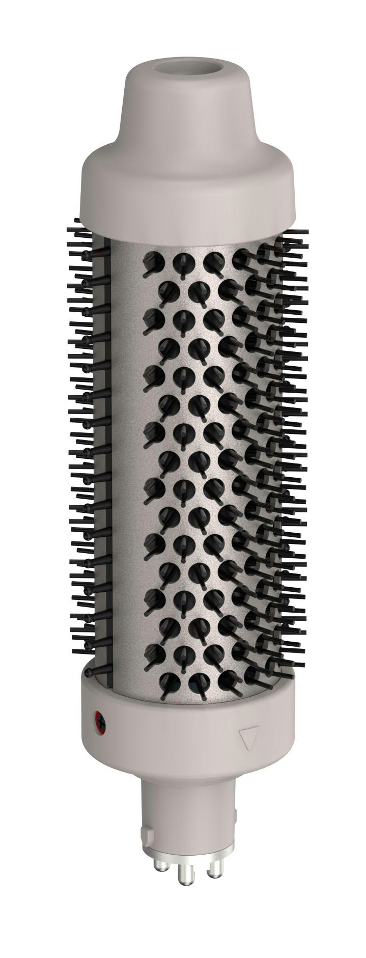 Ein Aufsatz für eine Haarstylingbürste. Er hat eine zylindrische Form mit schwarzen Borsten.