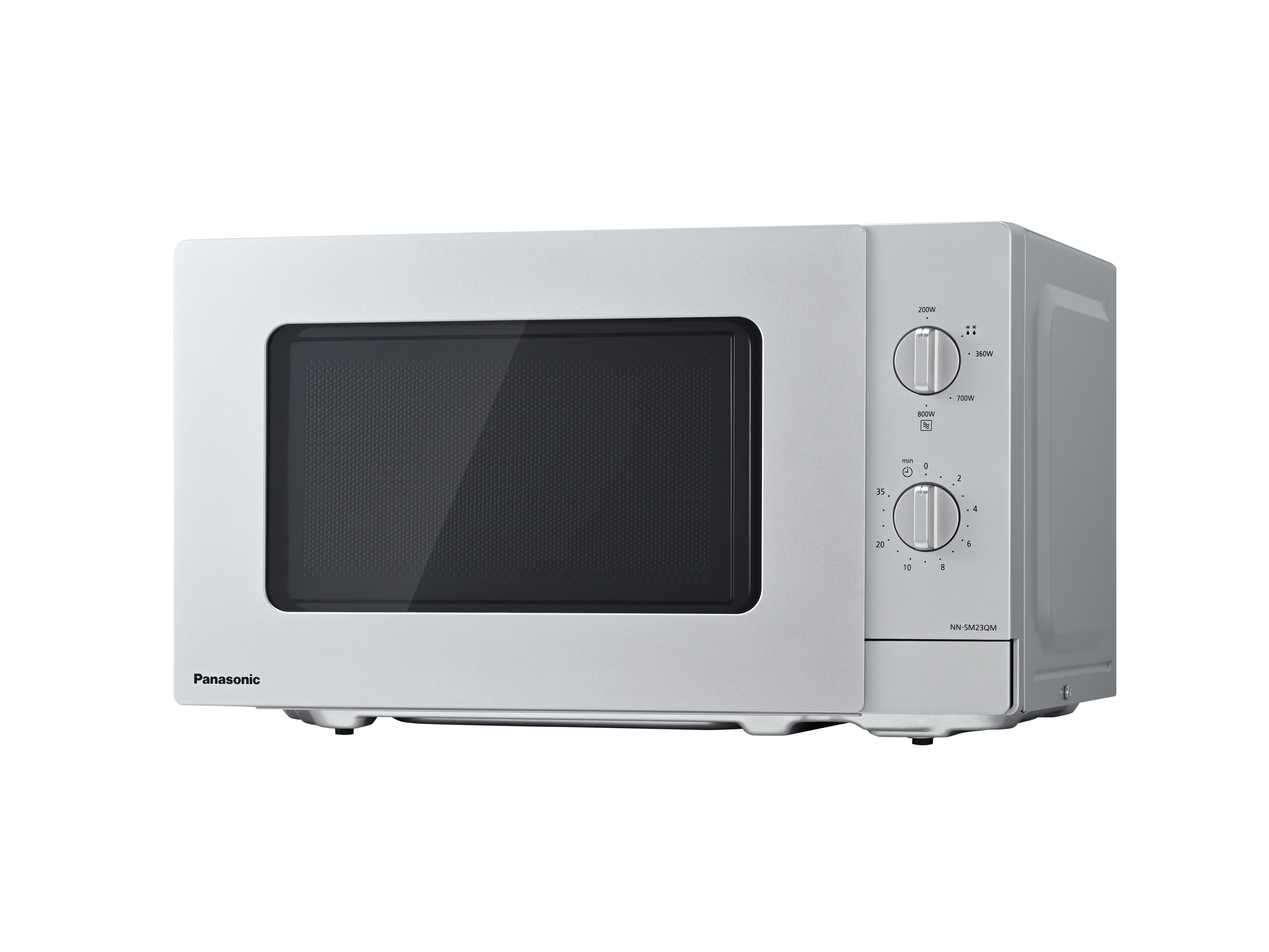 Weißer Panasonic-Mikrowellenherd mit schwarzer Tür. Bedienelemente rechts.