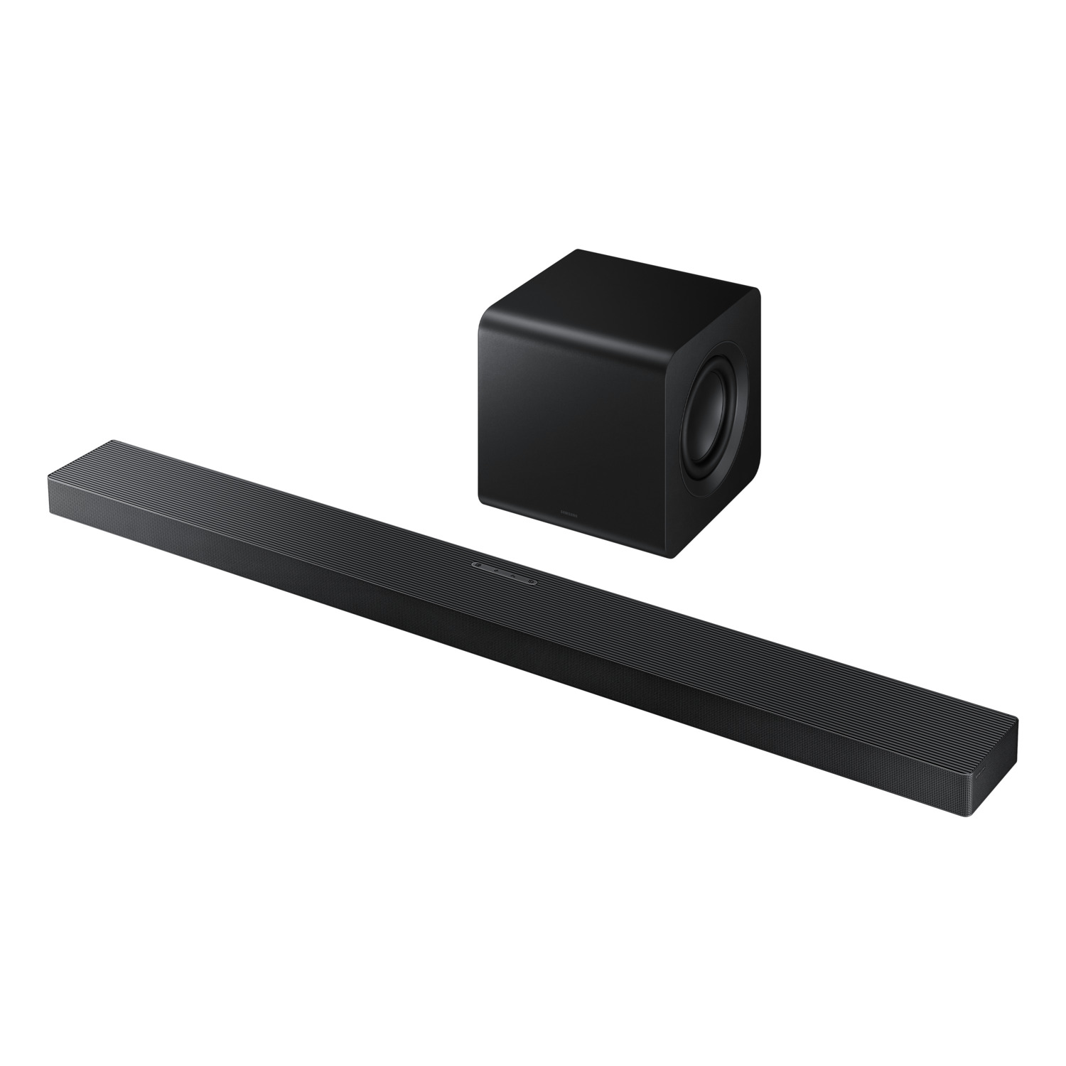Barre de son noire et un caisson de basses noir. La barre de son est longue et rectangulaire. Le caisson de basses est un cube.