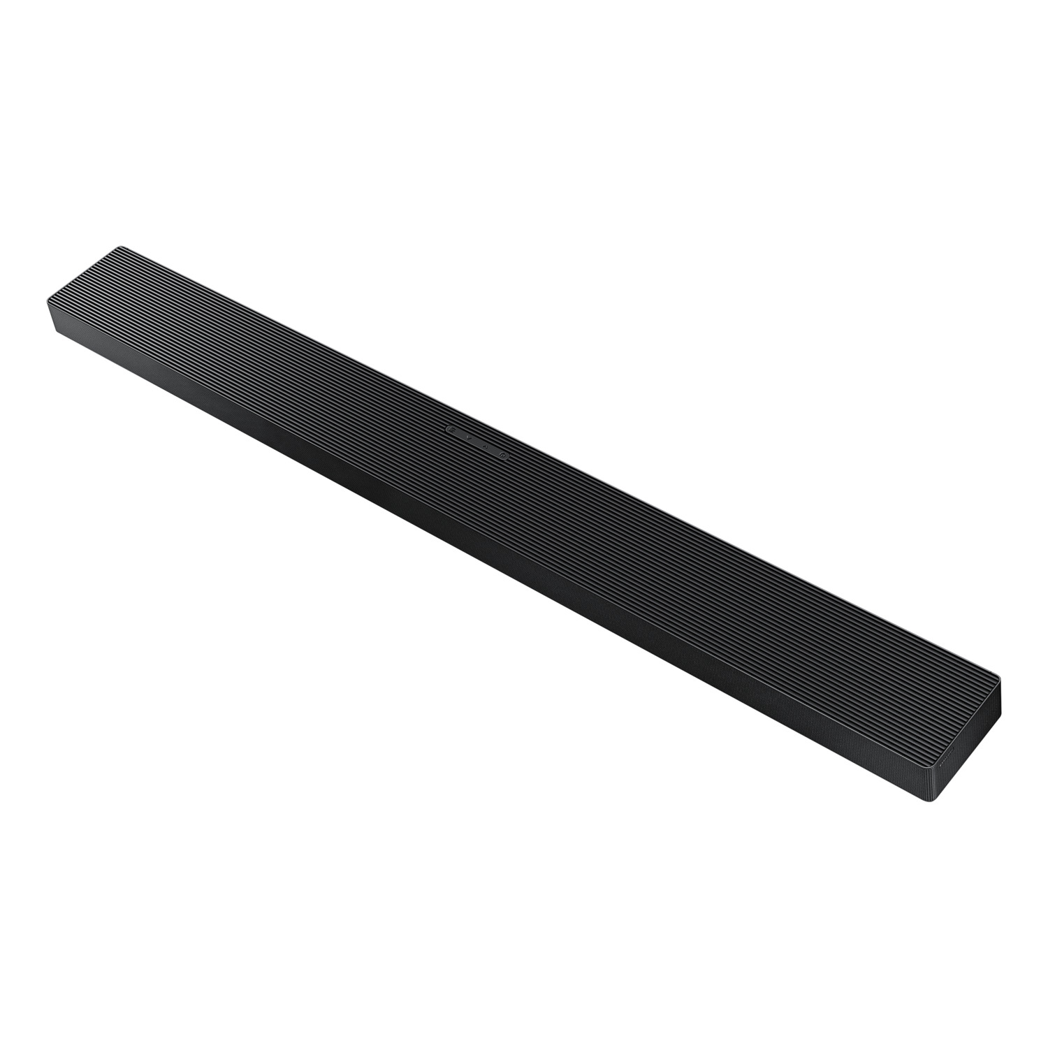Une barre de son noire avec une surface rainurée, isolée sur fond blanc.