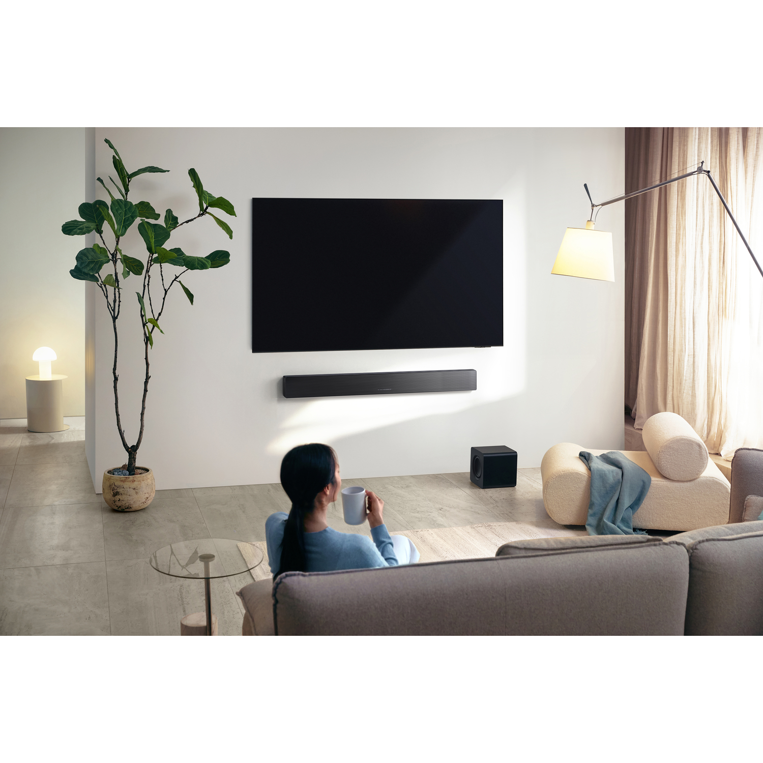 Une personne assise sur un canapé, regardant une télévision. Une barre de son, un caisson de basses et une plante sont visibles.