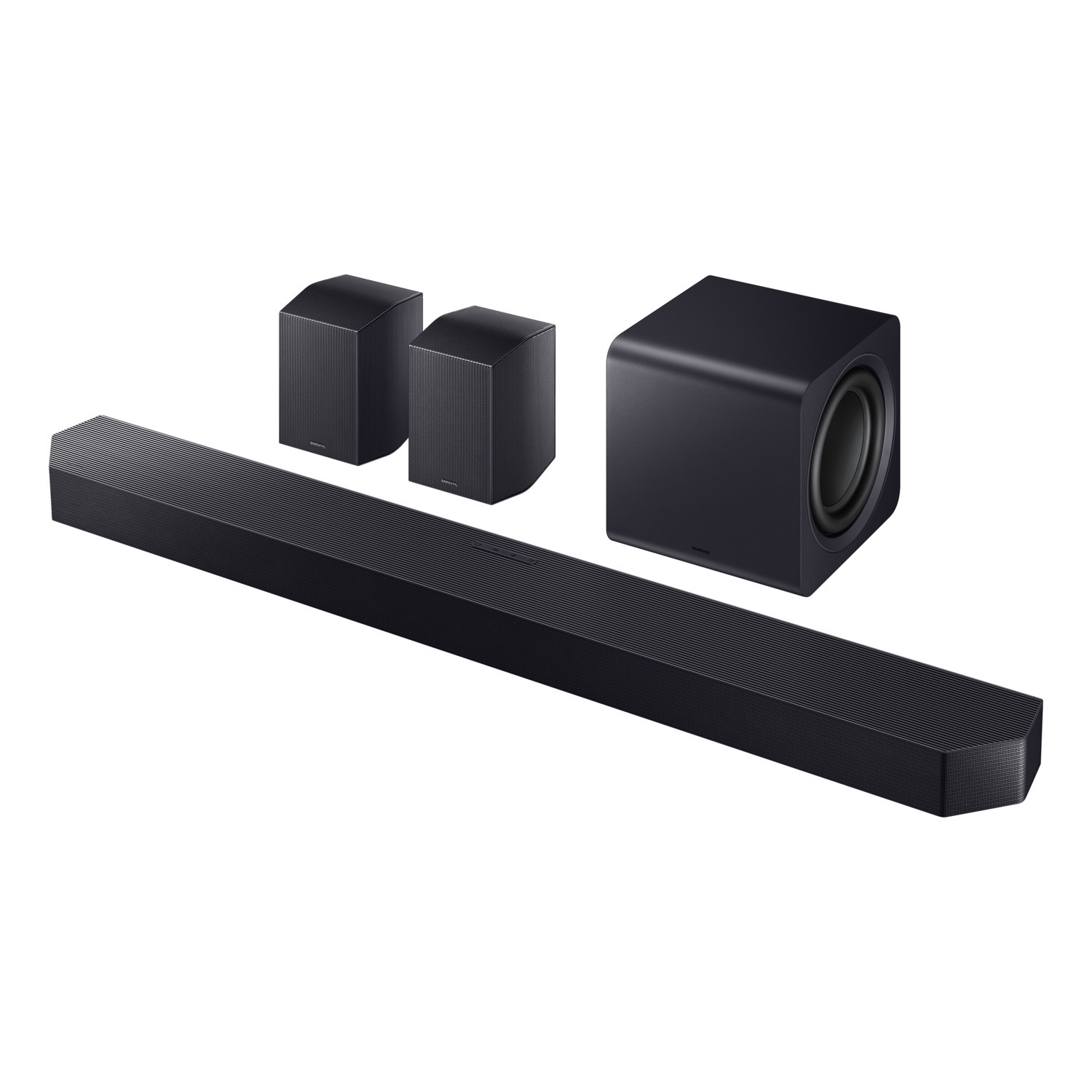 Home theatersysteem met soundbar, twee luidsprekers en een subwoofer. Zwarte kleur.