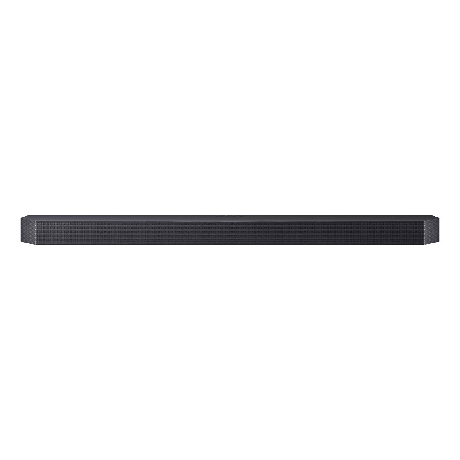 Zwarte soundbar, rechthoekig, op een witte achtergrond. De voorkant is donker, met een gaas voor de speakers.