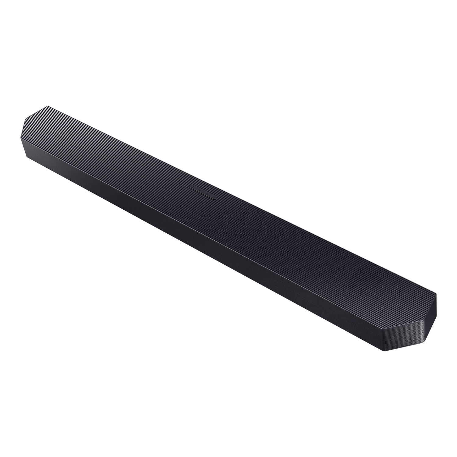 Een lange, zwarte soundbar op een witte achtergrond, schuin.