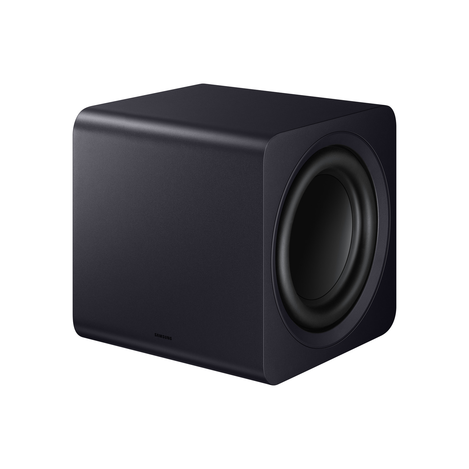 Een zwarte Samsung subwoofer. Het heeft een kubusvorm met een grote ronde luidsprekeropening aan één kant.