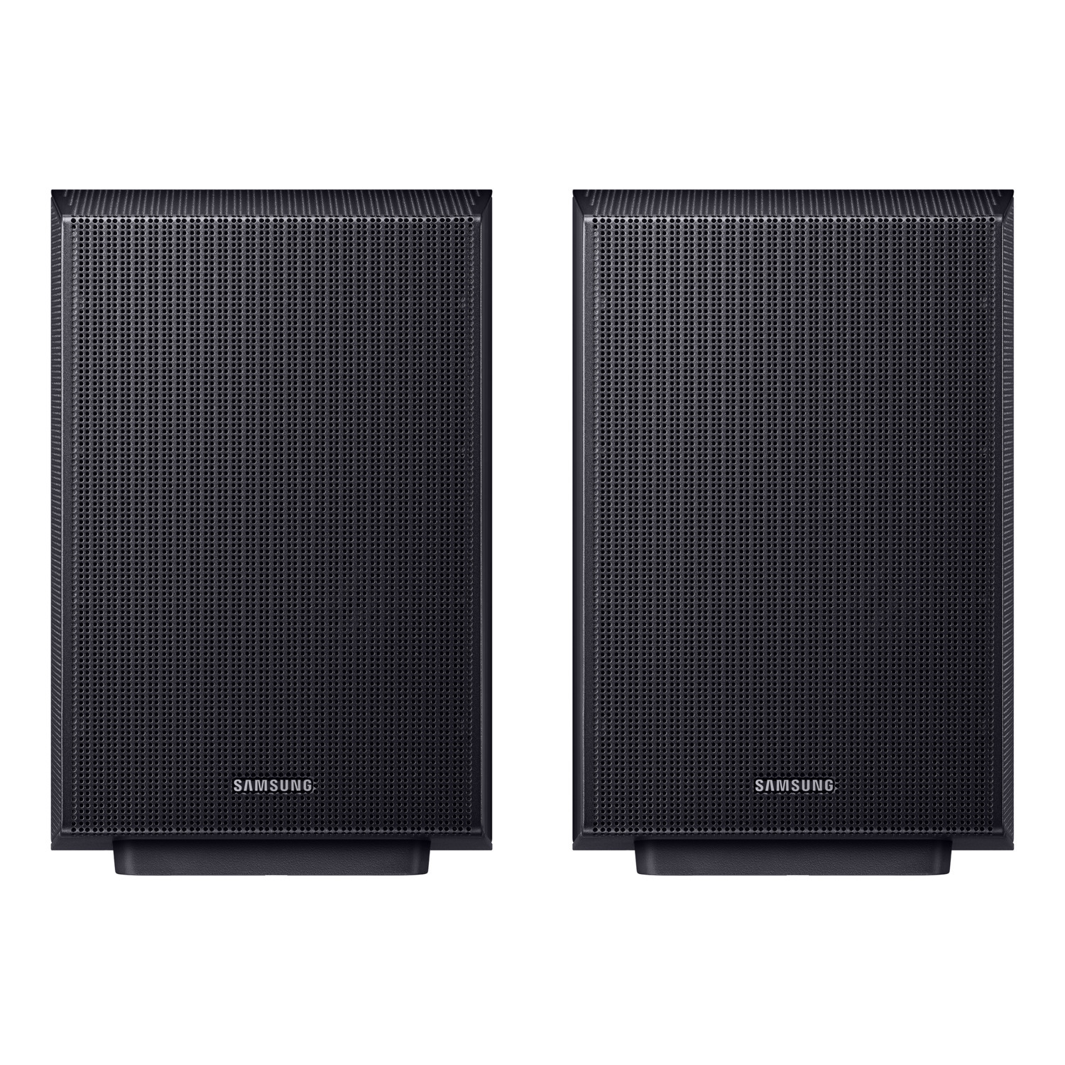 Twee zwarte luidsprekers met het woord SAMSUNG erop, naast elkaar.