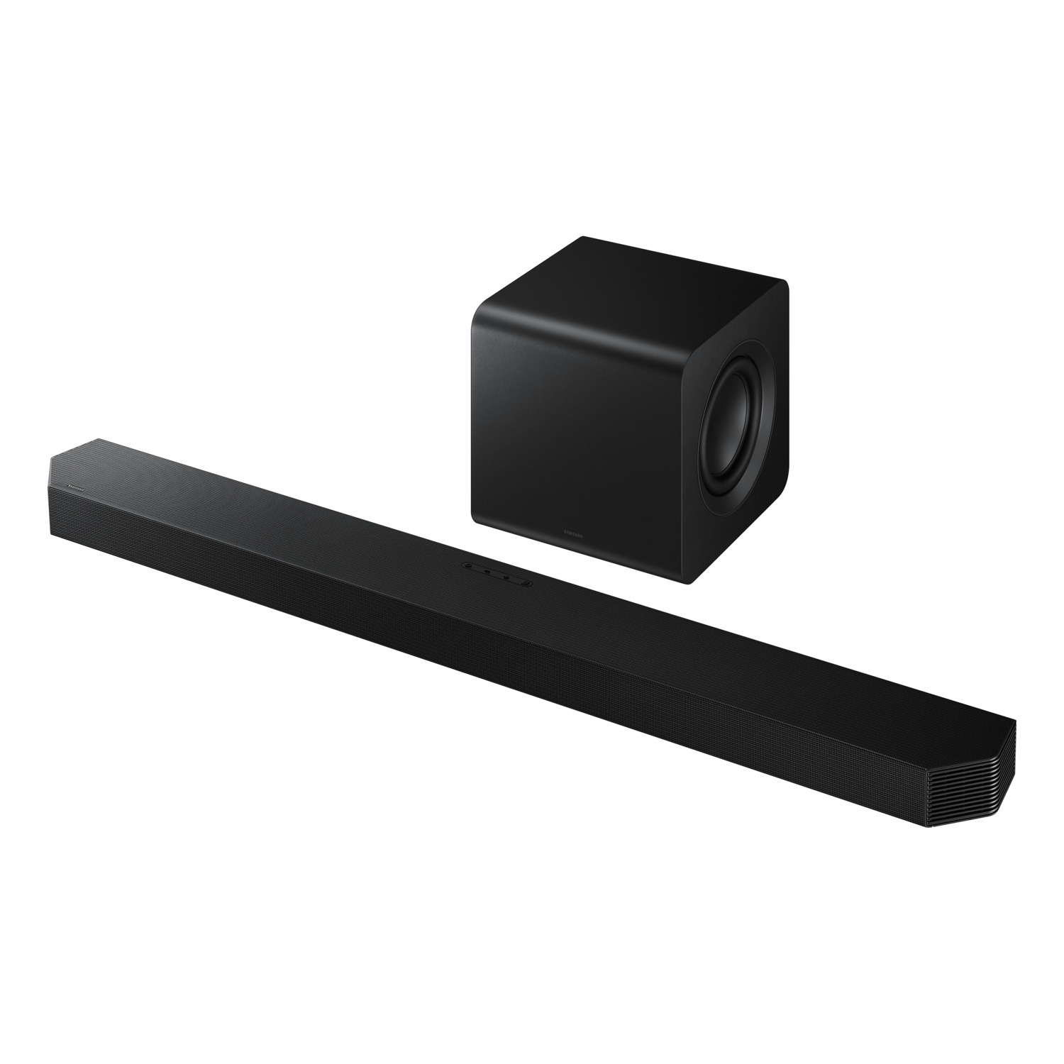 Een zwarte soundbar, een zwarte subwoofer en een gecombineerd geluidssysteem. Witte achtergrond.