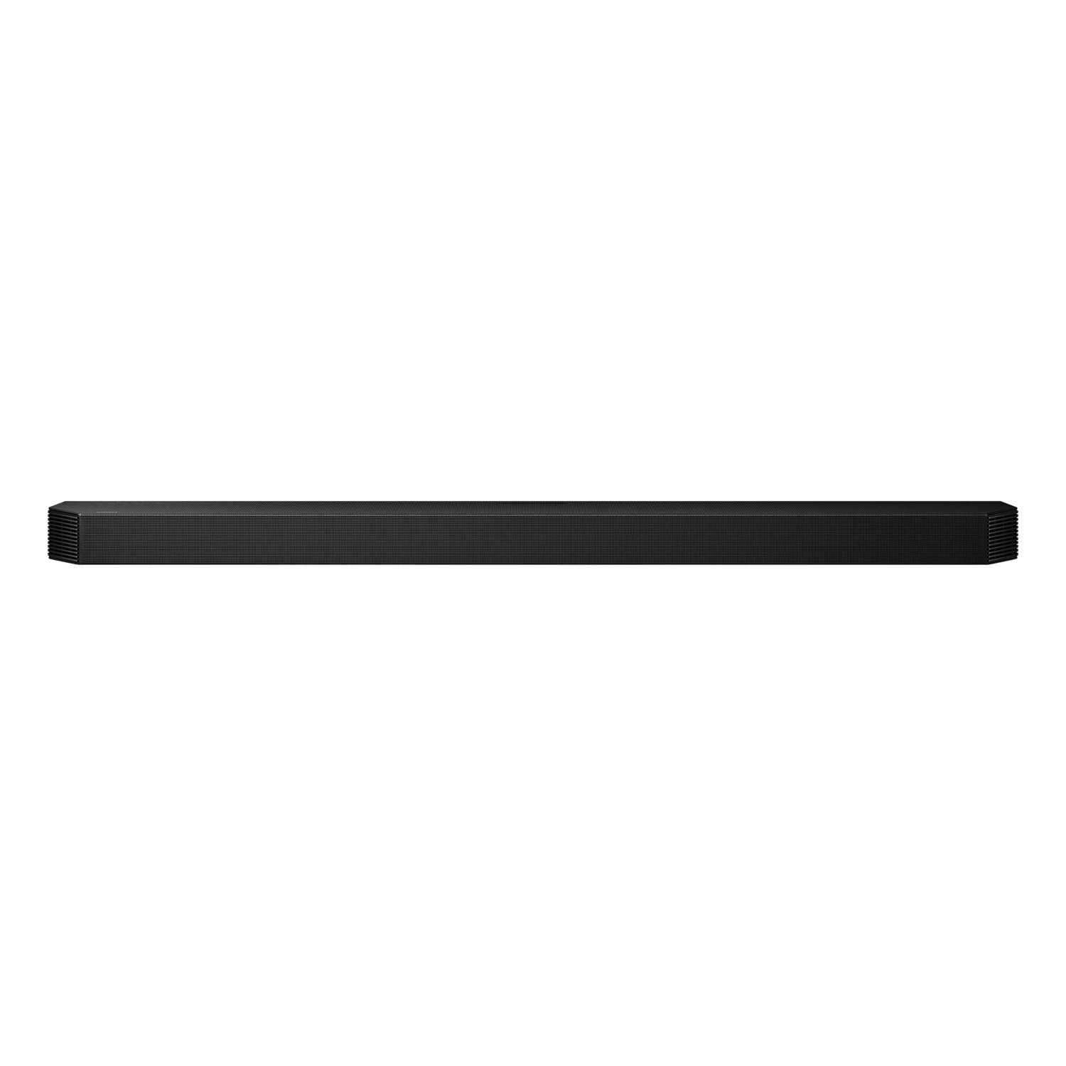 Een lange, zwarte soundbar op een witte achtergrond. Het lijkt een audioapparaat voor thuisbioscoop te zijn.