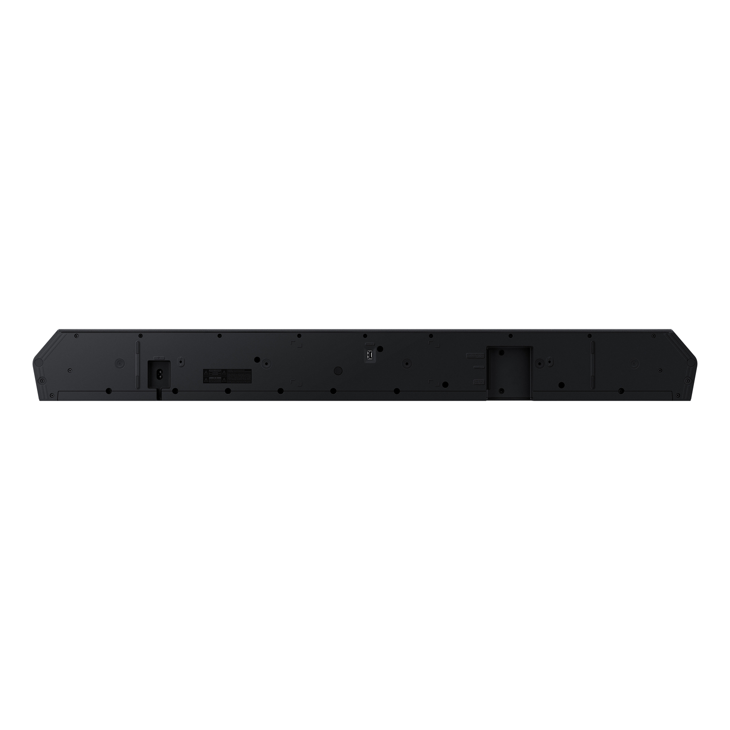 Soundbar met poorten en knoppen aan de achterkant.