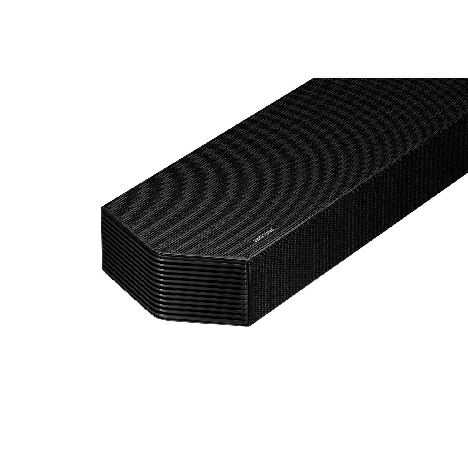 Zwarte soundbar met een mesh textuur, schuin.