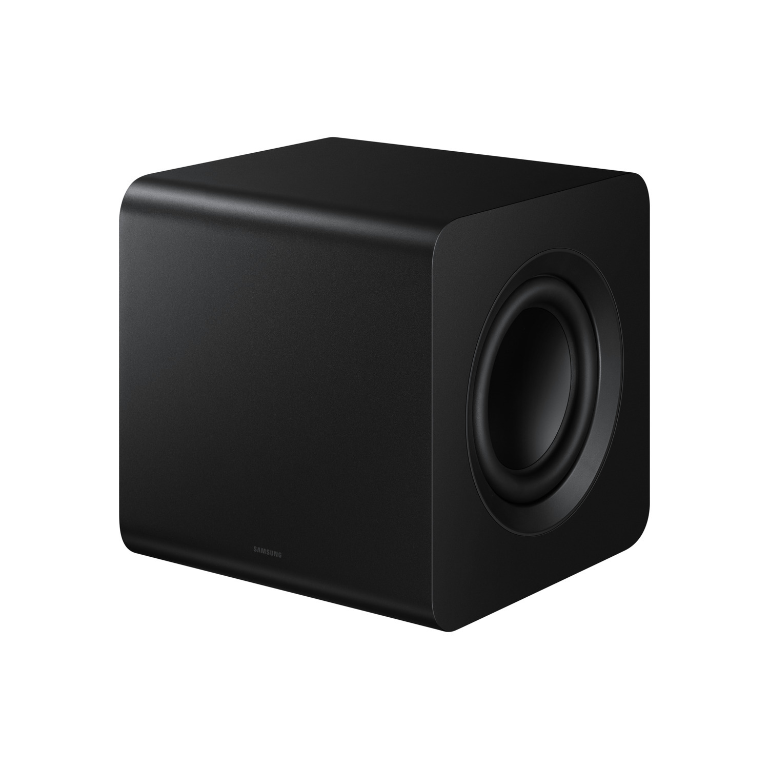 Zwarte Samsung subwoofer luidspreker op witte achtergrond, doosvormig, met grote ronde poort.