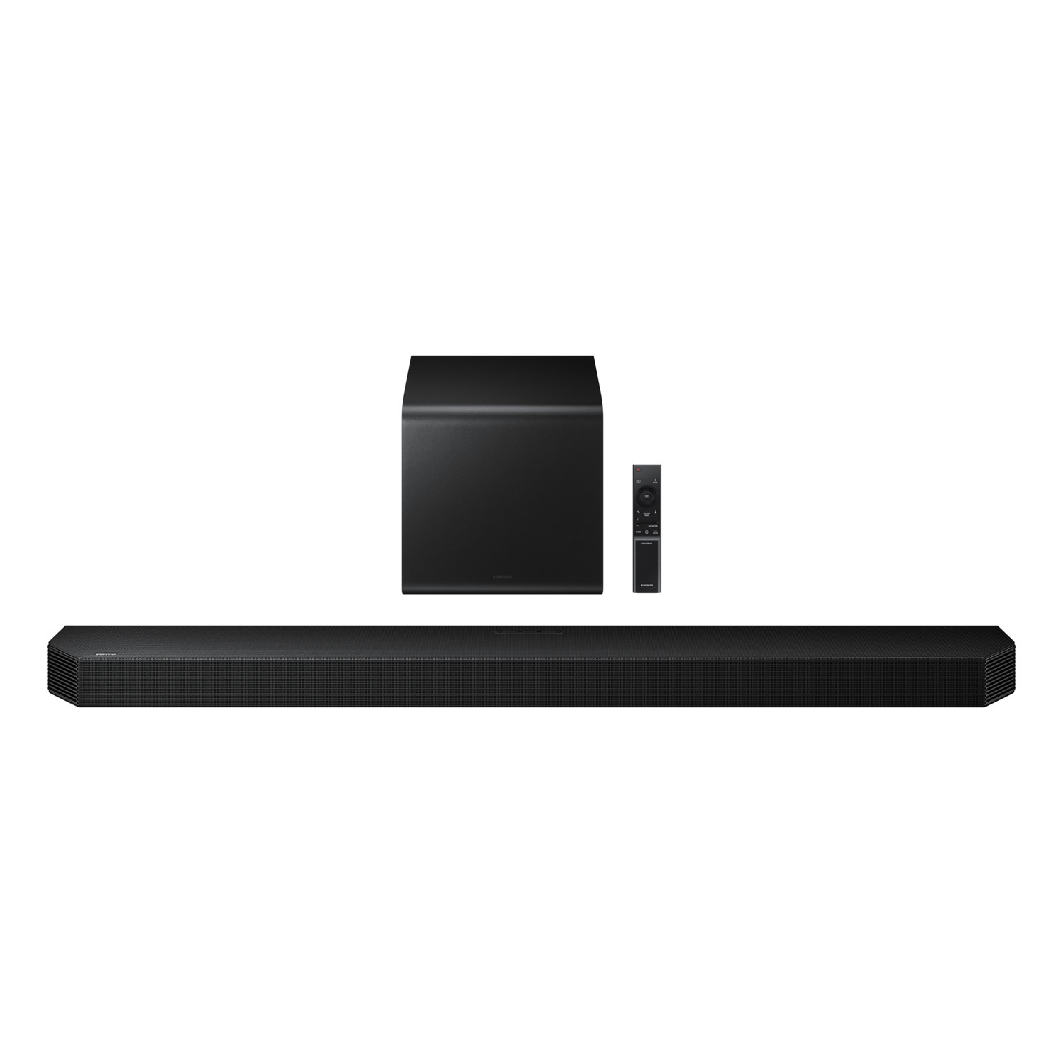 Zwarte soundbar, subwoofer en afstandsbediening op witte achtergrond.