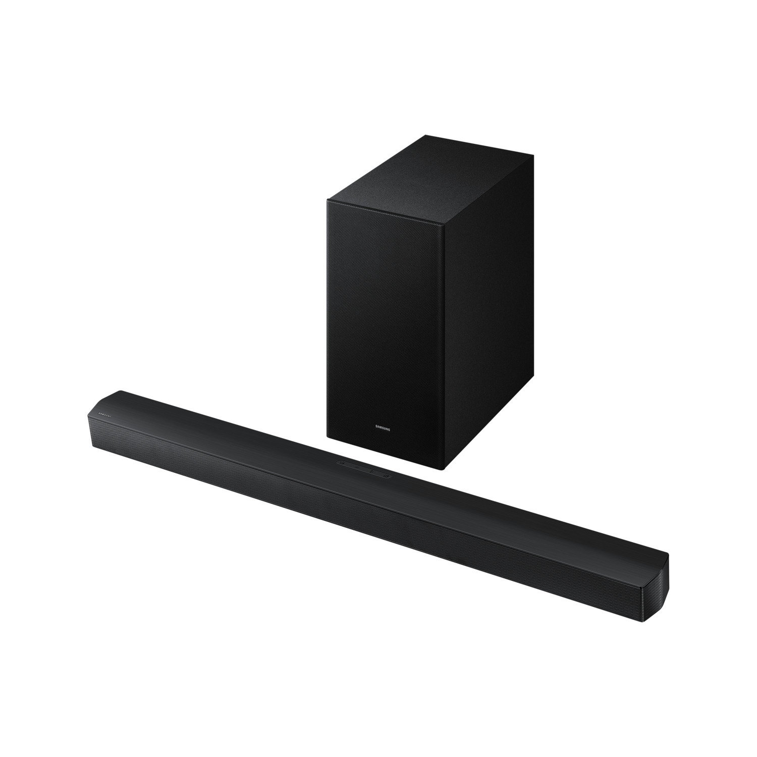 A black soundbar and subwoofer set isolated on a white background.