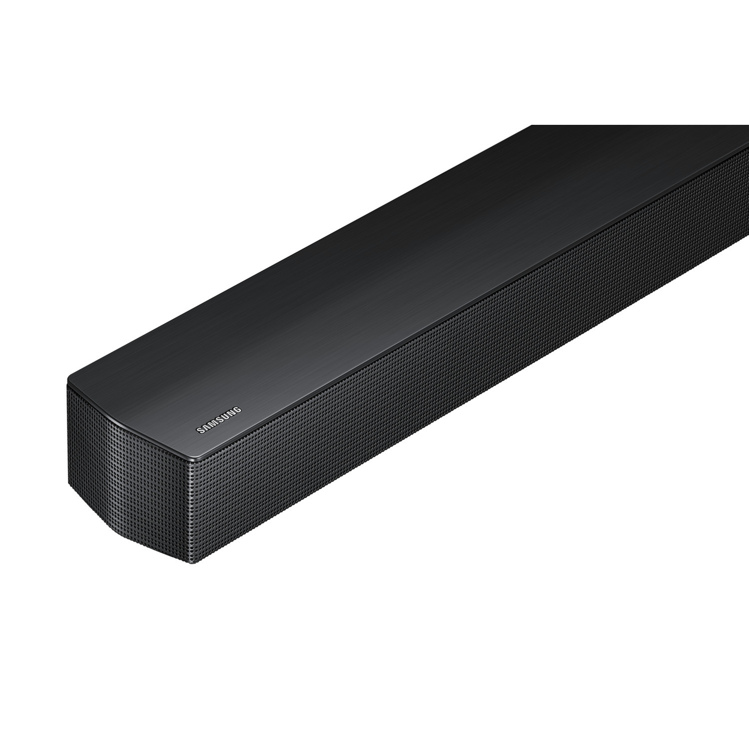 Black soundbar with a mesh front and the Samsung logo.